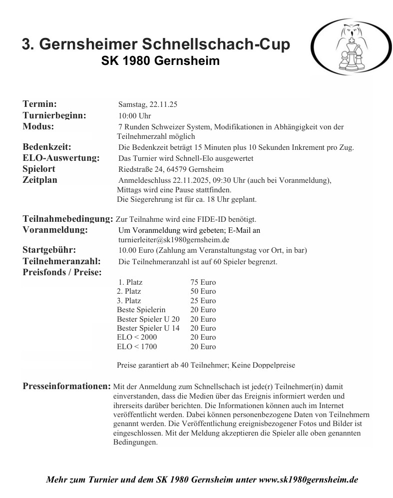 Ausschreibung Schnellschach Cup 2025